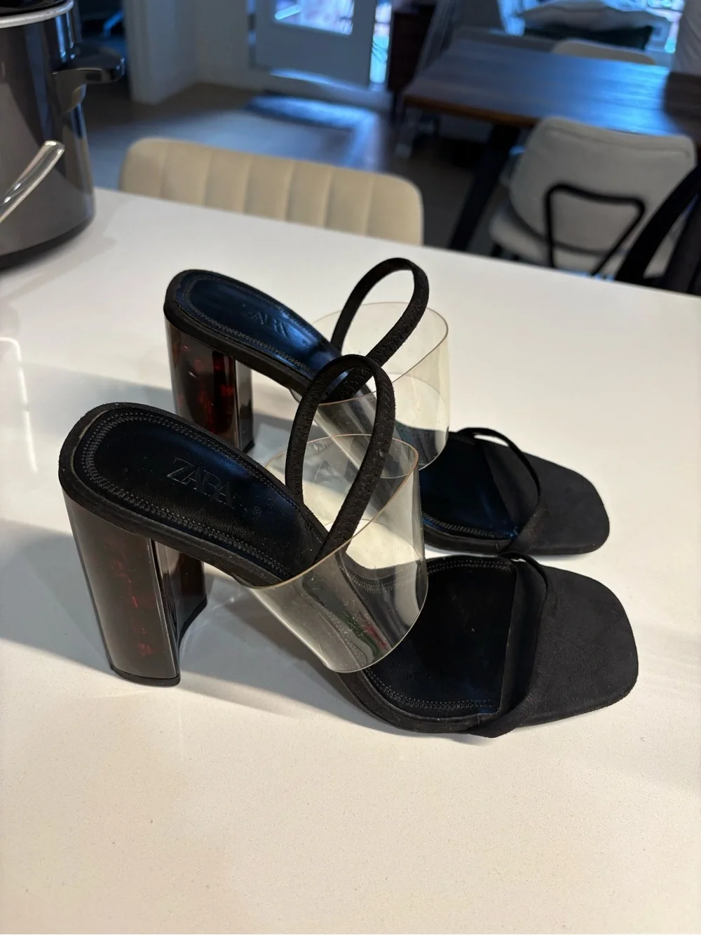 Zara Black Block Heel Sandals with Clear Strap - Picture 3 of 3